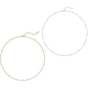 Kal-2 Pièces Collier Perle Femme Collier Or 14k Argent Ras Du Cou Collier Chaine Argent Femme Choker Collier Simples Perle Collier Ras Du Cou Perle Pour Femme Bijoux,Collier Perle Femme - Neuf