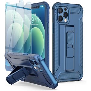 Maa-Coque Pour Iphone 12 Pro Max Avec 2 Verres Trempés Et Support - Antichoc, Anti-Rayure, Pc Rigide, Tpu Souple, Bumper Etui 6,7'' Bleu - Neuf