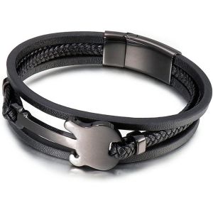 Eryi-Bracelet Tissé Homme En Cuir Et Acier - Bracelet De Mode Avec Motif Guitare - Neuf