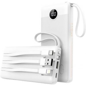 Chargeur Batterie avec C&acirc;bles Int&eacute;gr&eacute;s, 10,000mAh Batterie Externe pour iPhone, Ultra-Mince Petit Battery Pack de Voyage, Compatible avec iPhone/Samsung/Android (Blanc), VT101 - Neuf