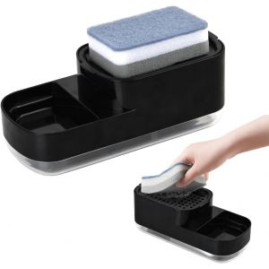 KAL-Distributeur Liquide Vaisselle, Distributeur De Savon Liquide Avec Porte-Éponge, Détergent Rechargeable Pour La Cuisine, Noir - Neuf