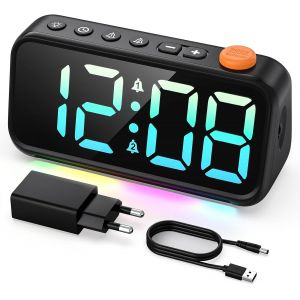 LATEC Réveil Numérique de Chevet Avec Écran 8-Couleurs, Fonctionnalité Snooze, 7 Feux de Fond, 12/24H, Noir (Adaptateur Inclus) - Neuf