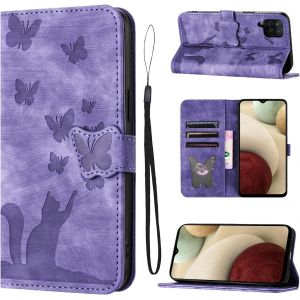 TRAHOO-Housse Protection pour Samsung Galaxy A12 &Eacute;tui Mat&eacute;riau en Cuir PU Coque Samsung A12 avec Fentes pour Cartes Motif Papillon Chat Coque Samsung Galaxy A12 Violet - Neuf