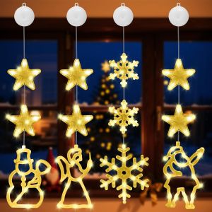 Jgd-4 Pi&egrave;ces Guirlande Lumineuse De No&euml;l, Decoration Noel Fenetre Lumineuse Avec Ventouse, Led Rideau Lumineux Blanc Chaud &Agrave; Piles Avec Minuterie Auto, Lumi&egrave;res Led De No&euml;l Int&eacute;rieur Ext&eacute;rieur (Mod&egrave;l - Neuf
