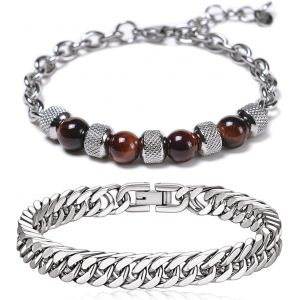 Eryi-Homme Chaîne Grosse Maille Bracelet,Homme Gourmette Chaîne Bracelet & Bracelet Acier Inoxydable Oeil De Tigre Homme Argent,Bracelet Chunky Homme Pour Hommes Femme Bijoux Cadeau - Neuf