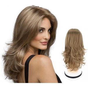 Kalanka-Perruques,Perruque Femme Mi-Longue Avec Frange Perruque Cheveux Boucl&eacute;s Synth&eacute;tiques (Brun : 60cm) - Neuf