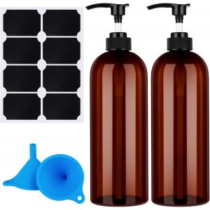Lot De 2 Flacons À Pompe Vides Rechargeables En Plastique Ambré Avec Entonnoir Et Étiquette Pour Lotions,Shampooing,Après-Shampoing - Neuf