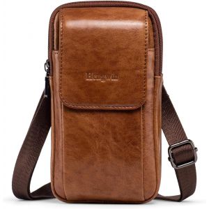CAUC-Sacs multifonctions en cuir v&eacute;ritable &agrave; double fermeture &eacute;clair pour homme, look vintage, sac &agrave; bandouli&egrave;re, sac de ceinture pour t&eacute;l&eacute;phone portable, &eacute;tui de t&eacute;l&eacute;phone pour voyage - Neuf