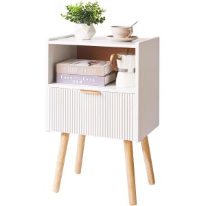 Ulteronixshop-Table de Chevet avec Tiroir de Rangement, Bout de Canap&eacute; Moderne avec Pieds en Bois Massif, Petite Table de Nuit pour Chambre &agrave; Coucher avec Rangement &agrave; 2 Niveaux, Blanc YD-TM061W - Neuf