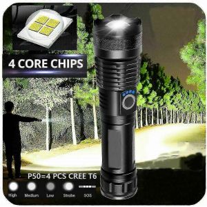 Lampe torche P50 en alliage d'aluminium, rechargeable par USB, longue portée, télescopique, zoom, idéale pour la pêche nocturne. - Neuf