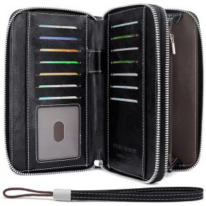 CAUC-Portefeuille Femme en Cuir PU Grande Capacite Porte Monnaie Femme RFID Blocage Porte Feuilles pour Femme avec 14 Emplacements Cartes Fermeture Eclair Longue Portefeuille (Noir) - Neuf