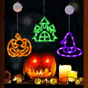 Jgd-D&eacute;corations D'halloween, Lot De 3 Lumi&egrave;res De Fen&ecirc;tre D'halloween Avec Ventouse &Agrave; Piles, Lumi&egrave;res D'halloween Citrouille, Araign&eacute;e, Chapeau De Sorci&egrave;re, Pour F&ecirc;te D'halloween, Int&eacute;rieur Et Boutiq - Neuf