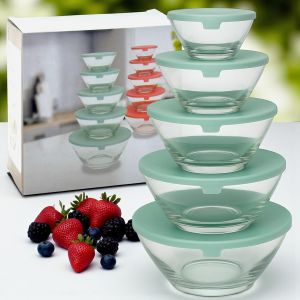 Checarzhn--No1-Lot De 5 Boîtes De Conservation En Verre Avec Couvercle - Empilables - Sans Bpa - Passent Au Micro-Ondes - Vert Sauge - Neuf