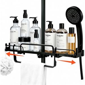 Etagere Douche Telescopique 33-49CM Organisateur Salle De Bain sans Percage ABS + Alliage D'aluminium pour Barres De Douche d'un Diam&egrave;tre De 18 Mm &Agrave; 26 Mm avec 6 Crochets Noir - Neuf