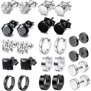 12 Paires De Boucles D'oreilles Pour Hommes, Boucles D'oreilles Noires En Acier Inoxydable Ensemble De Boucles D'oreilles Cr&eacute;oles Pour Unisexe, Gar&ccedil;ons Filles Bijoux Ensemble Cadeau - Neuf