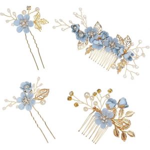 Kalanka-Pince À Cheveux De Mariage De Mariée En Cristal,Accessoires De Mariée 4 Pièces, Peigne De Cheveux De Mariée, Épingle À Fleur De Perle, Mariée Décorative Bandeau Fête De Mariage (Bleu) - Neuf