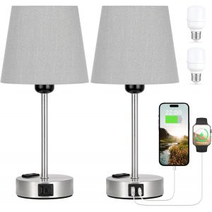 Lampe De Chevet Tactile Avec Ports Usb-A+C+Prise Ca, Lampes De Table Lot De 2, Intensité Variable 3 Voies, Abat-Jour En Lin, Lampes Pour Chambre Salon D'enfant Bureau (Ampoules Incluse) - Neuf