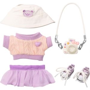 Lot de 5 v&ecirc;tements de poup&eacute;e en peluche de 15/16 cm - V&ecirc;tements et accessoires - Tenue tendance - Comprend un pull - Jupe d&eacute;contract&eacute;e - Chapeau - Chaussures d'appareil photo - Pour anniversaire - Neuf