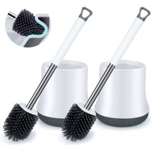 Lot de 2 brosses de toilette en silicone avec support et de nettoyage pour salle de bain Design moderne Nettoyage en profondeur avec long manche antidérapant et support à séchage - Neuf