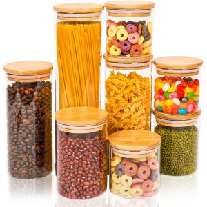 Jexnovashop-Bocaux En Verre Avec Couvercles - 8pcs Bocal Herm&eacute;tique - Pot En Bambou - Hermetique Boite Rangement Pour C&eacute;r&eacute;ales Et Cuisine - Neuf
