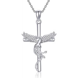 Collier En Argent Sterling 925 Avec Croix Ph&eacute;nix Et Oxyde De Zirconium Pour Femme,Argent Sterling,Zircone Cubique - Neuf
