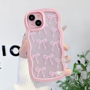 Noeud Etui Pour Iphone 13/Iphone 14, Coque Transparente Avec N?ud Ruban Et Vague Boucl&eacute;e Esth&eacute;tique, Housse Papillon Protectrice En Silicone Souple Tpu Antichocs Pour Femmes Filles - Rose - Neuf
