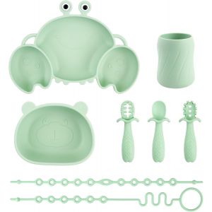 Kal-Set Vaisselle Pour Bébé Silicone Avec Ventouse, 8 Pièces, Set Repas Pour Enfants, Inclus Anti-Dérapant Assiette, Bol, Une Tasse, 3 Cuillères Et 2 Sangles De Sécurité, Sans Bpa (Vert) - Neuf