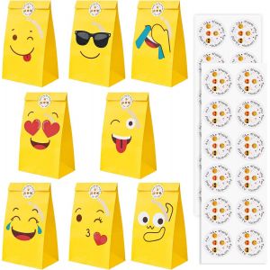 20 Pcs Sachet Bonbon Emoji, Sac Cadeau Papier avec 24 Autocollants, Sac Bonbon Anniversaire Petit, Pochette Cadeau Papier à 8 Motifs, pour Emballage, Biscuit, Fudge, Fête, Mariage, 22x12x8 cm - Neuf