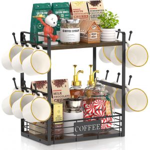 Support Pour Tasses À Café,Organiseur De Bar Pour Comptoir,Étagère Multifonction À 2 Niveaux Pour Cuisine,Étagère De Rangement Avec 12 Crochets,Marron-Noir (Design Breveté) - Neuf