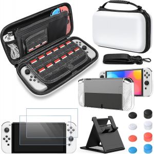 Eryi-Étui De Transport Et Housse De Protection, Kit Accessoires Compatible Avec Switch Oled, Case De Voyage Portable, Coque Pour Switch Oled, Protection D'écran, Capuchons De Pouce - Blanc - Neuf
