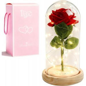 La Belle et la B&ecirc;te Rose &eacute;ternelle u2013 Cadeau de fleurs pour femmes, rose sous cloche en verre avec LED et support en bois pour m&egrave;re, &eacute;pouse ou amie pour No&euml;l, Saint-Valentin ou anniversaires - Neuf