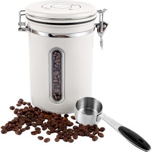 CMWS-Boîte à café hermétique avec fenêtre transparente - En acier inoxydable - Avec pelle - 623 g - Pour thé, noix, cacao, café - Blanc - 1800 ml - Neuf