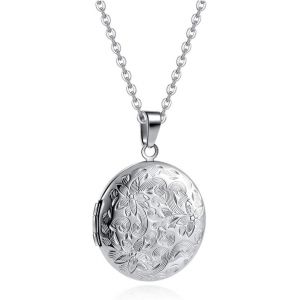 Kal-Collier Photo Médaillon Pendentif Rond Ouvrant Personnalisé Graver Fleur Vintage Porte Photo Acier Inoxydable Argent Bijoux Cadeau Femme Homme(Non Gravure) - Neuf