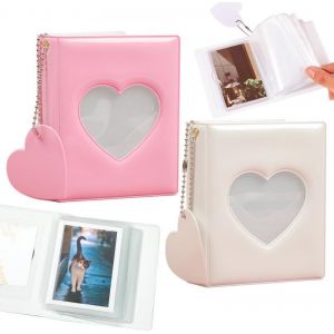 MAA-Lot de 2 mini albums photo - 7,6 cm - C?ur d'amour creux - Pochettes photo avec pendentif Kpop - Porte-cartes photo - Petit livre photo - Reliure pour cartes photo - Blanc et rose - Neuf