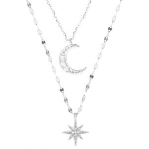 Collier Pendentif &Eacute;toile Et Lune En Argent Sterling 925, Double Rang, &Eacute;l&eacute;gant, Cha&icirc;ne Clavicule Pour Femme - Neuf