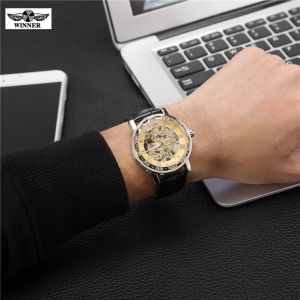 Montre Mecanique Automatique Winner Pour Homme, Bracelet En Cuir Pu Creux, Cadran Dore - Neuf
