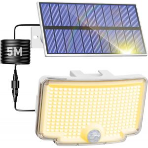 Lampe Solaire Exterieur Detecteur De Mouvement 318 Led, 3 Mode Lumiere Solaire, Ip65 &Eacute;tanche Spot Solaire Avec C&acirc;ble De 5m, Eclairage Solaire Pour Jardin Garage Cour, Blanc Chaud[Lot De 1] - Neuf