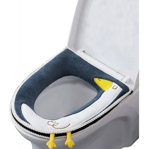 Ensemble de si&egrave;ge de toilette &eacute;tanche et universel avec fermeture &eacute;clair et coussin chauffant, compatible avec la plupart des toilettes (sans autocollants), bleu et blanc. - Neuf