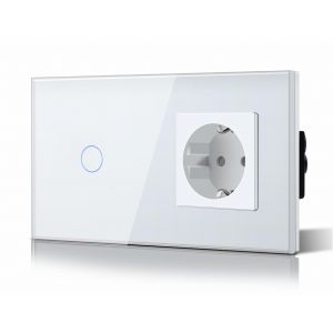 Interrupteur De Lumière 1 Entrée 2 Voies Avec Prise Schuko, Prise Standard Avec Interrupteur De Lumière Tactile En Verre, Prise Murale 16 A Avec Interrupteur Mural, 157 Mm, Blanc[MAT790429] - Neuf
