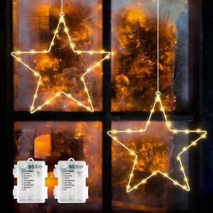 Jgd-Lot De 2 &Eacute;toiles De No&euml;l &Agrave; Led - D&eacute;coration De Fen&ecirc;tre - 60 Led - Fonctionne Avec Piles - Avec Minuterie - 8 Modes - Pour F&ecirc;te, D&eacute;coration, Balcon, F&ecirc;te, Mariage - Neuf