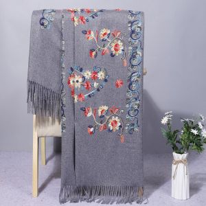 Écharpe D'hiver Brodée De Motifs De Fleurs, Longue Écharpe De Style Ethnique, Châle Épais Et Chaud Pour Femmes-Gris - Neuf