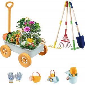 Checarzhn--No1-Kit D'outils De Jardinage Pour Enfants - Jouet Avec Brouette, Pelle En Métal, Râteau, Râteau, Chariot De Jardin Extérieur, Cadeau D'anniversaire Pour Garçons Et Filles De 4 À 8 Ans - Neuf