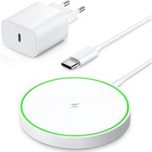 Magnétique Chargeur Induction pour iPhone,15W Rapide Chargeur Compatible avec Magsafe Apple,Blanc Chargeur sans Fil pour iPhone et Airpods,Station de Charge pour Apple,avec PD 20W Prise - Neuf