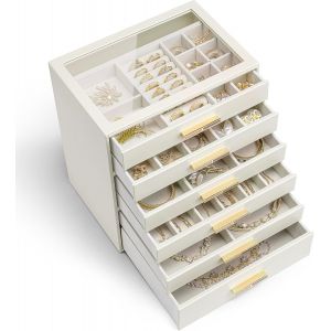 MEVRONISSHOP-Grande bo&icirc;te &agrave; bijoux &agrave; 6 niveaux avec couvercle en verre, 6 tiroirs, pour colliers, boucles d'oreilles, montres, bracelets, rangement de bijoux, moderne, Cendrillon Plus, beige - Neuf