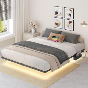 SUBZONAL-Cadre de Lit 160 x 200 cm, Jambes cach&eacute;es, Cadre en M&eacute;tal avec Station de Charge et Ruban LED, Plateforme de Lit avec Rangement, sommier Non-n&eacute;cessaire, sans Bruit, Noir ABFBK538UE01 - Neuf