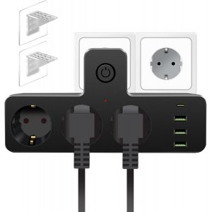 Electric Power Strip With Booster And Switch, 4 Sockets With 3 Usb A Ports+1 Usb C Ports Power Socket, Power Strip With 2 Stands For Office And Home - Neuf