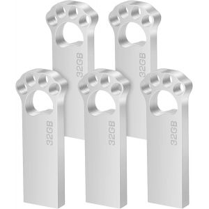 Cle USB 32 GO [Lot de 5] M&eacute;tal Cl&eacute; USB 32 Giga Mini Clef USB 32GO Imperm&eacute;able USB 2.0 Pen Drive 32GB avec Crochet pour Ordinateur Portable/PC/Voiture etc (Argent) - Neuf