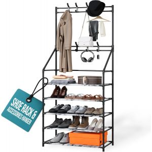 Kgabery-Klass Étagère À Chaussures À 5 Niveaux Et Porte-Manteau Léger¿Organiseur De Chaussures Multifonction Avec 2 Rails De Suspension Et 8 Crochets¿Organiseur D'entrée Et De Couloir Pour Chaussures - Neuf