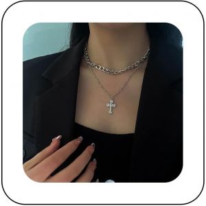 Kal-Collier Croix Punk Choker Gothique Chunky Chaîne Cubaine Croix Pendentif Crucifix Choker Collier Pendentif Croix Religieuse Ton Argent Bijoux De Charme Pour Femmes Et Filles - Neuf