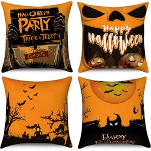 Housse de Coussin Halloween 40x40 Set de 4, Spooky citrouille pleine lune ch&acirc;teau arbre mort chauve-souris d&eacute;coratif Housses de coussin noir orange lin housse de coussin pour canap&eacute; Home Decor - Neuf